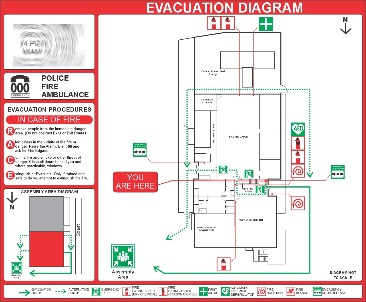 Detailed evacuation diagram showing emergency routes, symbols, and building layout.