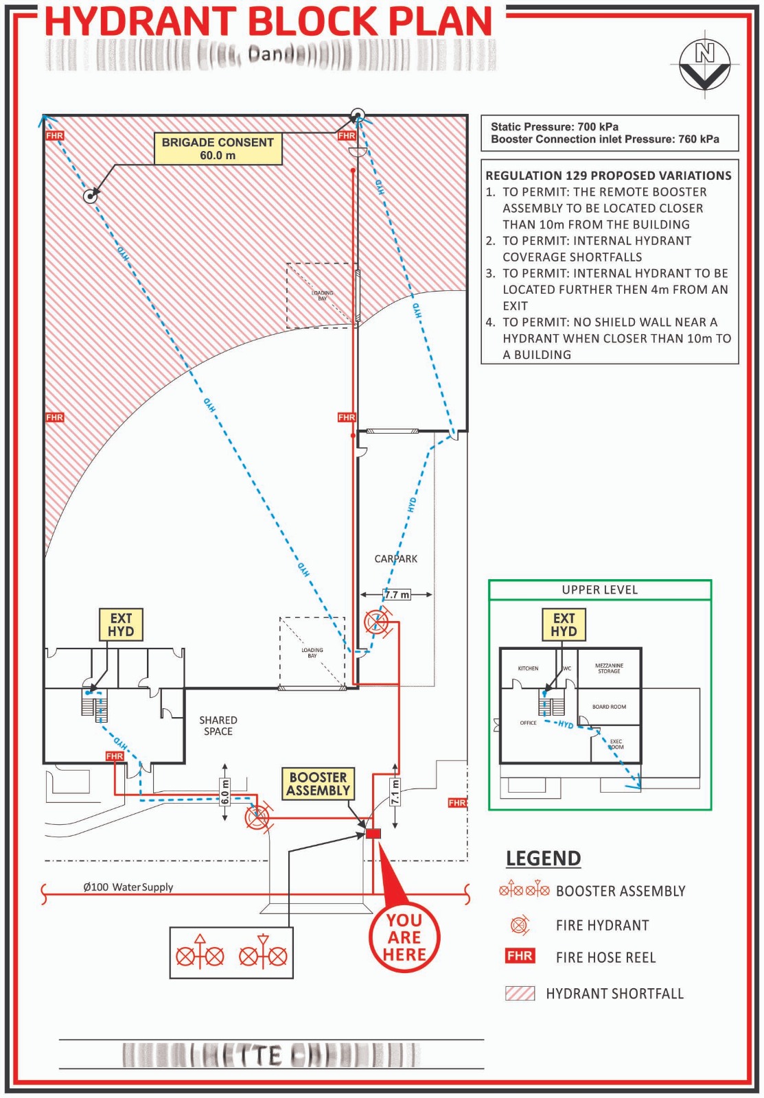 High-detail multi-zone evacuation diagram with clear route hierarchy and compliance signage.